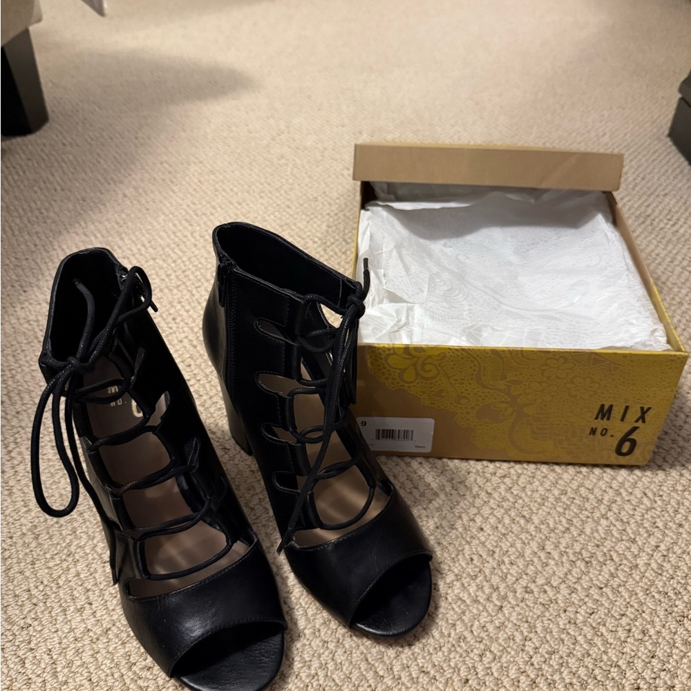 Mix No. 6 Black Lace-Up Peep Toe Heels